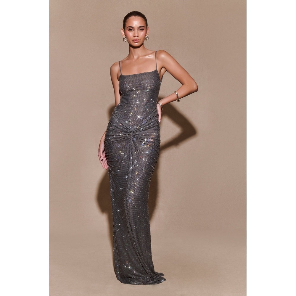 MESHKI Roisin Diamante Maxi Dress Gunmetal Rhinestone Evening Gown Size S